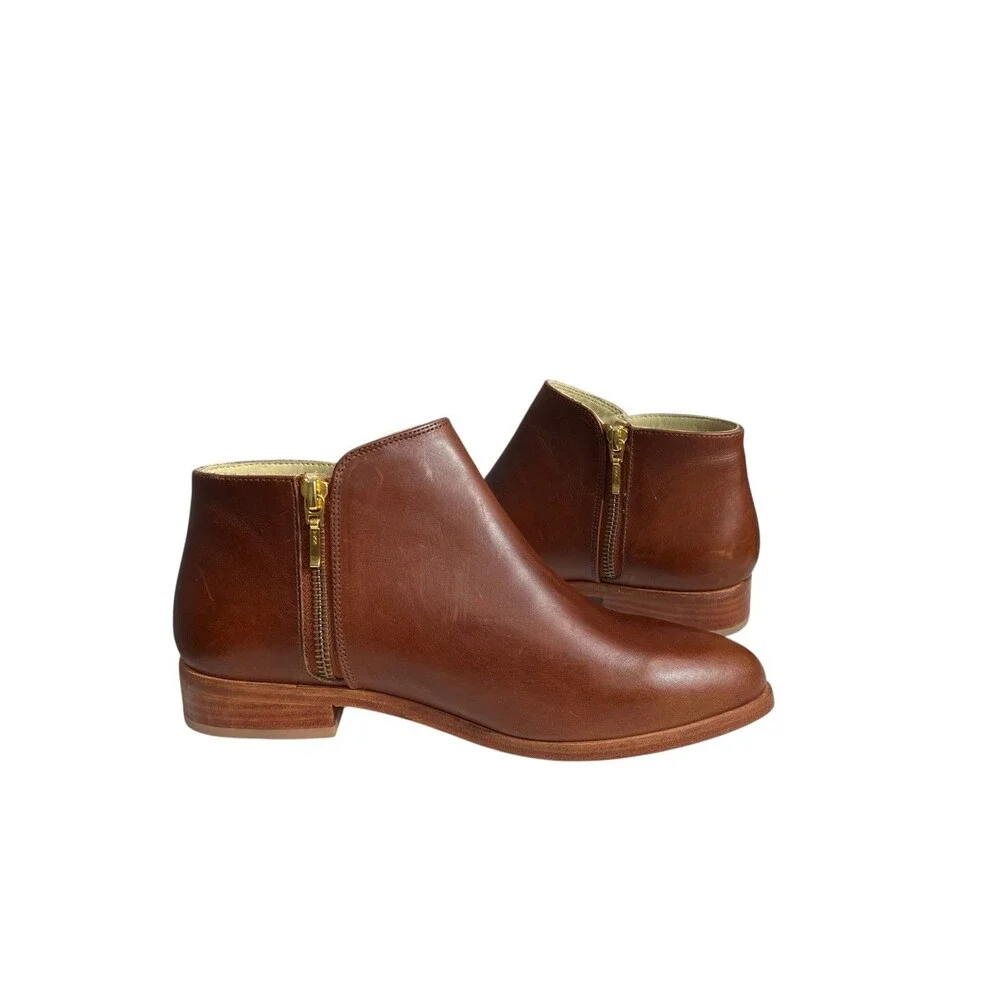 NISOLO Lana Leather Ankle Boots Cognac Brown Side Zip Chelsea Boot $200 Size 8